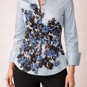 New York & Company Stretch Button Down Floral Print Shirt Women’s Size M Blue Bl